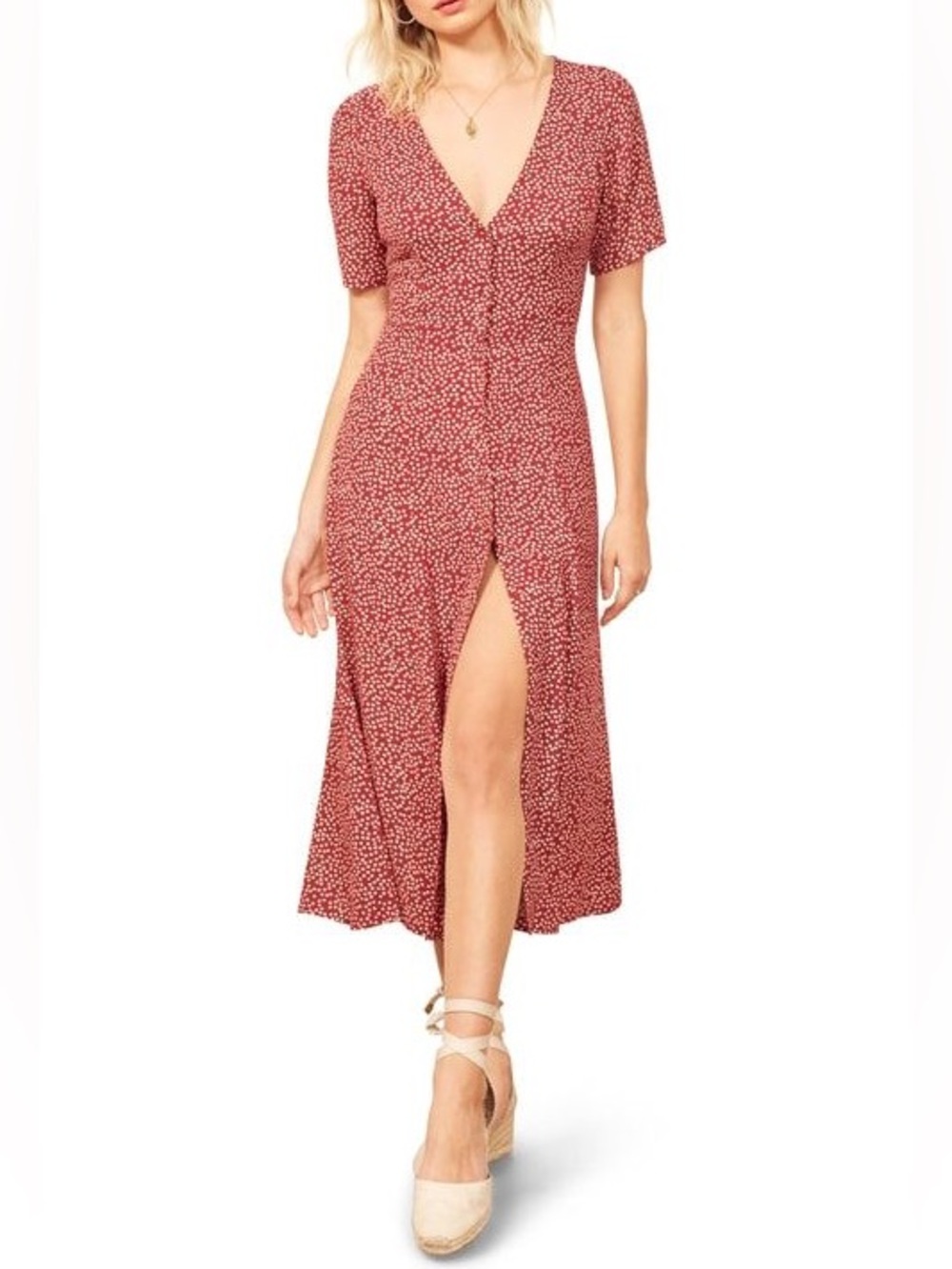 Reformation Locklin Red White Floral Button Down Midi Dress Size 0 XS